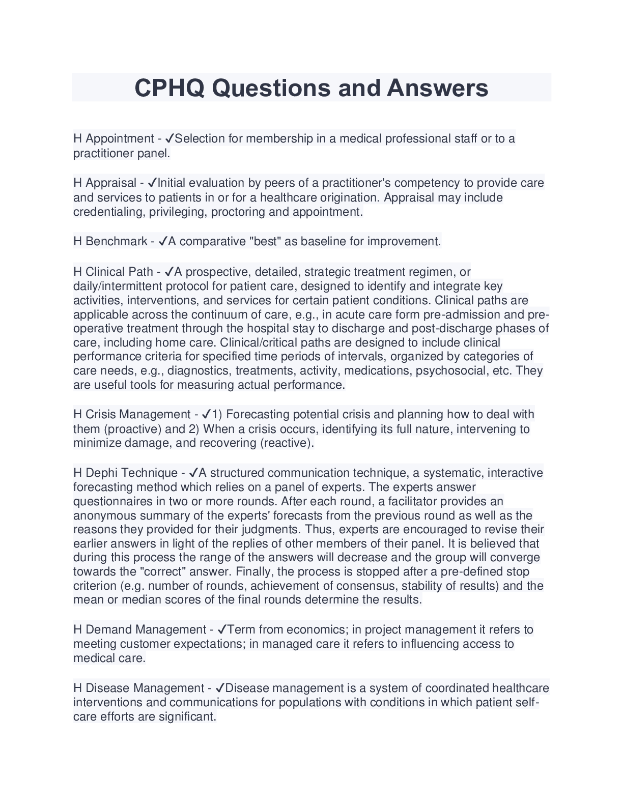 Preview image for CPHQ Questions and Answers (Latest 2023/2024) Download to Score A